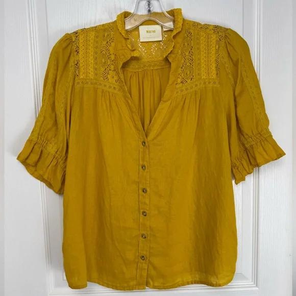 Anthro Maeve Magritte Linen Puff Sleeve Button Font Blouse Size 2 Yellow Gold - Picture 4 of 12